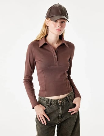 Korse Detaylı Polo Yaka Uzun Kollu Tişört 7WAL10192IK - KOTON - KAHVERENGİ - S