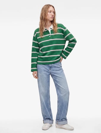 Polo Yaka Çizgili Sweatshirt 7WAL10269IK - KOTON - YEŞİL ÇİZGİLİ - S