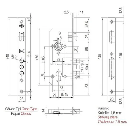 Kale 2000 152-3MR 45 mm 3 milli silindirli gömme kapı kilidi german barelli