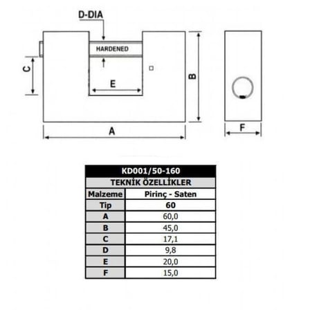 Kale KD001/50-160 60 mm prinç kayar milli pimli saten asma kilit