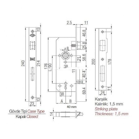 Özcanlar 40 mm oval ayna SİYAH ekstra WC kapı kilidi