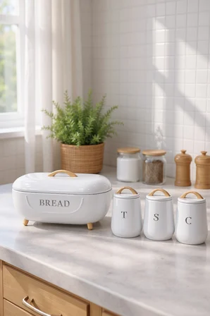 Akayev Retro Bambu Metal Ekmek Kutusu ve 3'lü Saklama Kabı White