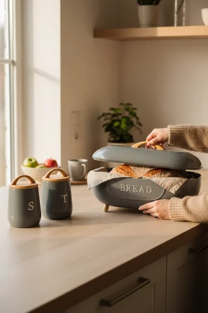 Akayev Retro Bambu Metal Ekmek Kutusu ve 3'lü Saklama Kabı Gray