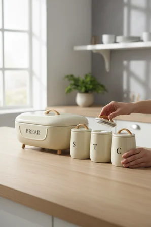 Akayev Retro Bambu Metal Ekmek Kutusu ve 3'lü Saklama Kabı Cream