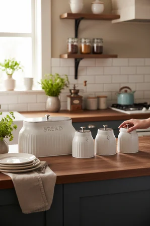 Akayev Retro Lux Line Metal Ekmek Kutusu ve 3'lü Saklama Kabı Beyaz