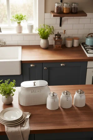 Akayev Retro Lux Line Metal Ekmek Kutusu ve 3'lü Saklama Kabı Beyaz