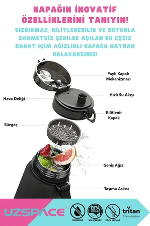 Uzspace 1000ml Silikon Gövdeli El Askılı Tritan Su Matarası Pembe
