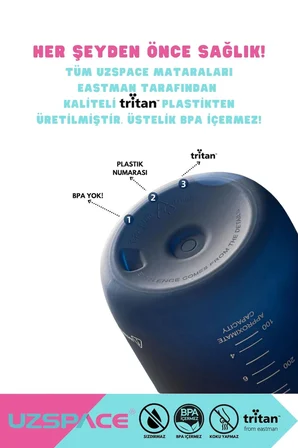 Uzspace 800ml Yeni Çift Renkli Sızdırmaz BPA İçermez Kilitlenebilir Kapaklı Motivasyonel Tritan Su Matarası