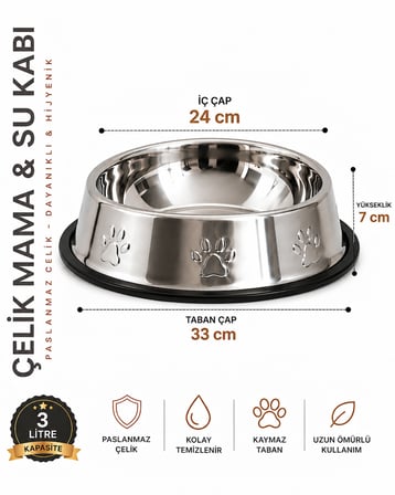 Köpekler İçin Pati Desenli Çelik Mama Su Kabı 33 Cm - 96 Oz - 3 LT