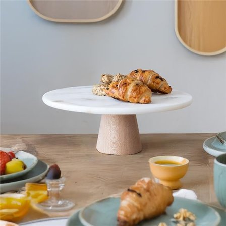 Akayev Mermer 25 Cm Konik Ahşap Ayaklı Beyaz Yuvarlak Sunum Tabağı