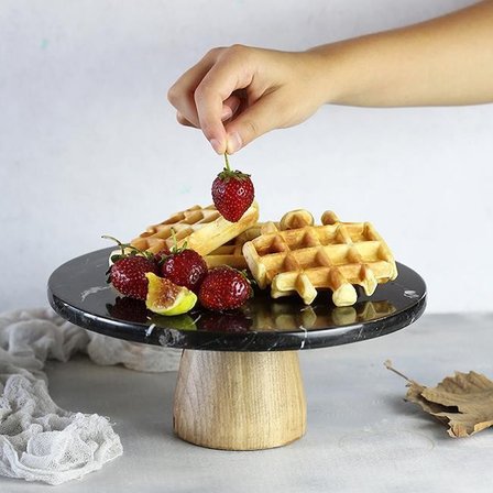 Akayev Mermer 25 Cm Konik Ahşap Ayaklı Siyah Yuvarlak Sunum Tabağı