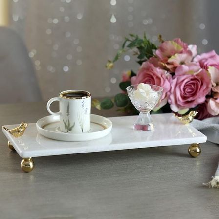 Akayev Mermer Beyaz 30x15 Cm Altın Ayak Kuş Sunum Tabağı