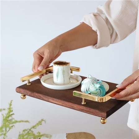 Akayev Ahşap Altın Boncuk Ayaklı L Dizayn 30x19 cm Tepsi