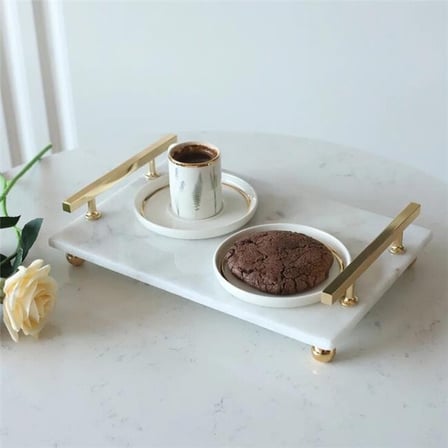 Akayev Mermer Beyaz Altın Boncuk Ayak Florya 30x20 cm Tepsi