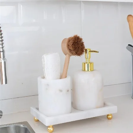 Akayev Mermer Beyaz 3 Parça Gold Ayak Banyo Seti Mutfak Sıvı Sabunluk Seti