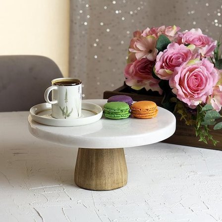 Akayev Mermer 28 Cm Konik Ahşap Ayaklı Beyaz Kalın Yuvarlak Sunum Tabağı