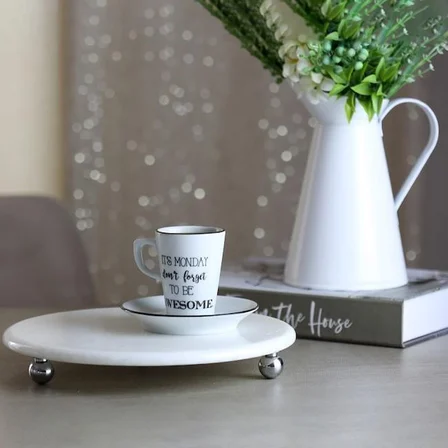 Akayev Mermer Beyaz 19 cm Gümüş Boncuk Ayaklı Kahve Sunumluk - Yağ ve Takı Standı