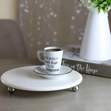 Akayev Mermer Beyaz 19 cm Gümüş Boncuk Ayaklı Kahve Sunumluk - Yağ ve Takı Standı