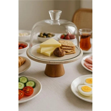Akayev Traverten 25 Cm Ahşap Konik Ayaklı Beyaz Cam Fanus