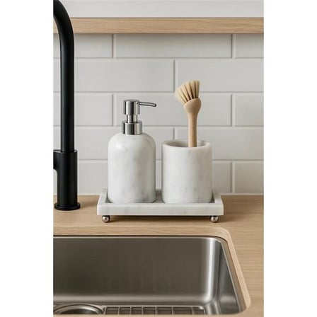 Akayev Mermer Beyaz 3 Parça Gümüş Ayak Banyo Seti Mutfak Sıvı Sabunluk Seti