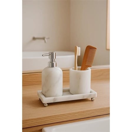 Akayev Mermer Beyaz 3 Parça Gümüş Ayak Banyo Seti Mutfak Sıvı Sabunluk Seti