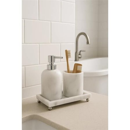 Akayev Mermer Beyaz 3 Parça Gümüş Ayak Banyo Seti Mutfak Sıvı Sabunluk Seti