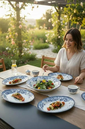 Akayev Porselen Vintage Blue 5 Parça Salata Kayık Servis Takımı Servis Takımı