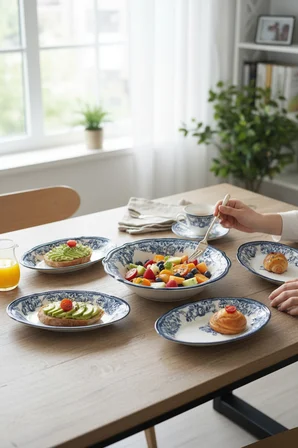 Akayev Porselen Vintage Blue 5 Parça Salata Kayık Servis Takımı Servis Takımı