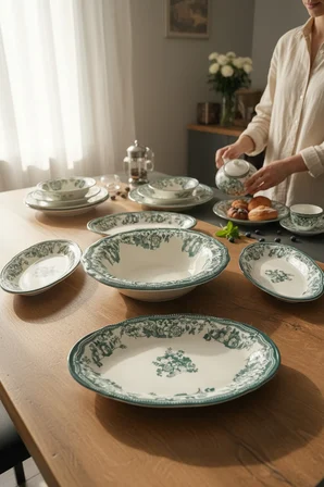 Akayev Porselen Vintage Green 5 Parça Salata Kayık Servis Takımı