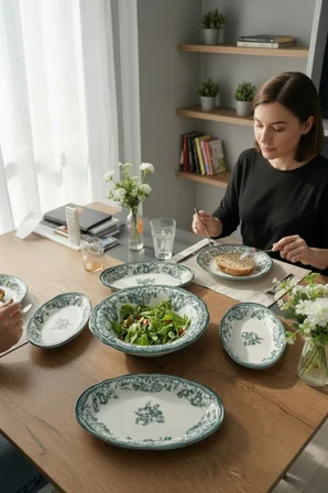Akayev Porselen Vintage Green 5 Parça Salata Kayık Servis Takımı
