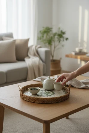 Akayev Sedefli Rattan Tepsi Kahverengi 28cm