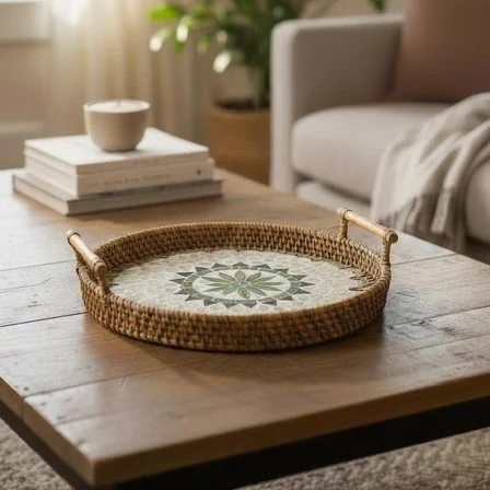 Akayev Sedefli Rattan Tepsi Kahverengi 28cm