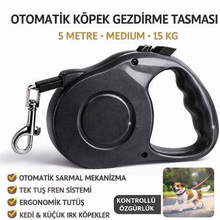 Karamel Pet Otomatik  Köpek Gezdirme Tasması Medium 5 Metre 15 kg Siyah