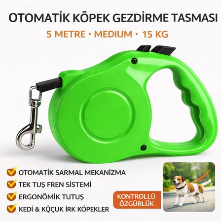 Karamel Pet Otomatik  Köpek Gezdirme Tasması Medium 5 Metre 15 kg Yeşil