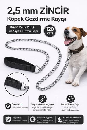 Zincir Köpek Gezdirme Kayışı Dayanıklı Çelik &amp; Ergonomik Tutma Saplı 2,5 mm-120 cm Siyah