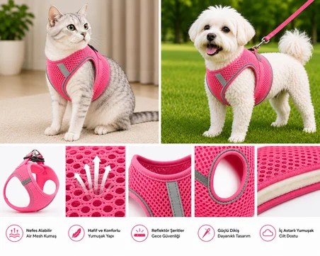 Nefes Alan Kumaş Air Mesh Kedi Köpek Göğüs Tasması X Small 32x36 cm Neon Pembe