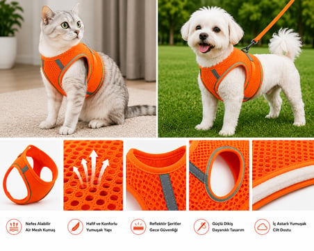 Nefes Alan Kumaş Air Mesh Kedi Köpek Göğüs Tasması X Small 32x36 cm Turuncu