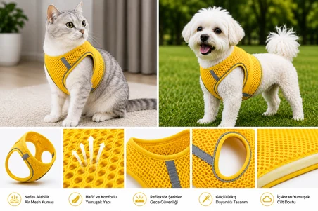 Nefes Alan Kumaş Air Mesh Kedi Köpek Göğüs Tasması Medium 44x48 cm Neon Sarı