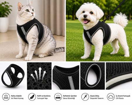 Nefes Alan Kumaş Air Mesh Kedi Köpek Göğüs Tasması Medium 44x48 cm Siyah