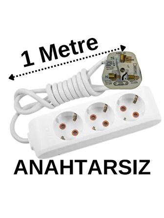 İngiliz Erkek Türk Dişi Universal Priz Dönüştürücüsü Uzatmalı 3 Lü 1 Metre