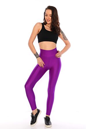 Yeni Sezon EKSTRA Yüksek Bel Parlak Disco Tayt Mor-XL