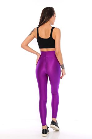 Yeni Sezon EKSTRA Yüksek Bel Parlak Disco Tayt Mor-XL