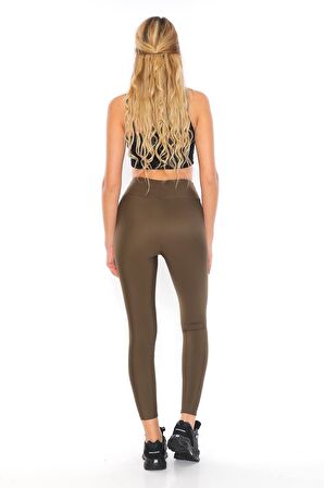 Şardonlu Dalgıç Kumaş Yüksek Bel Kadın Tayt Haki-M