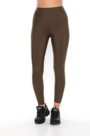 Şardonlu Dalgıç Kumaş Yüksek Bel Kadın Tayt Haki-M