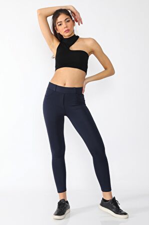 Kot Pantolon Görünümlü Yüksek Bel Tayt Lacivert-2XL