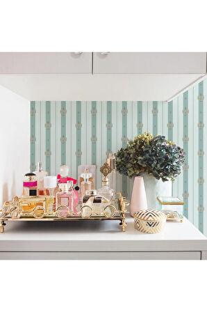Seven 7804-2 Neoklasik Süslemeli Çizgili Mavi Duvar Kağıdı 16,50 M²
