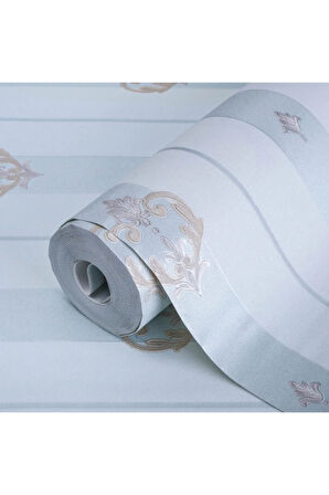 Seven 7804-2 Neoklasik Süslemeli Çizgili Mavi Duvar Kağıdı 16,50 M²