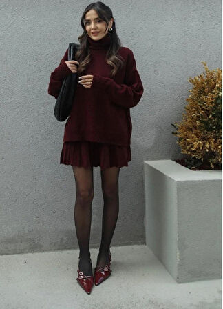 DGN'S BORDO-SİYAH-ANTRASİT PİLİSELİ  KADIN ETEKLİ TRİKO TAKIM OVERSİZE 