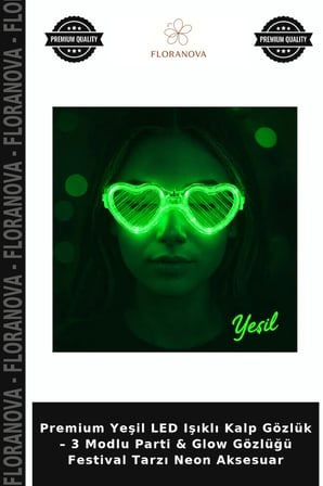 Premium Yeşil LED Işıklı Kalp Gözlük – 3 Modlu Parti & Glow Gözlüğü Festival Tarzı Neon Aksesuar