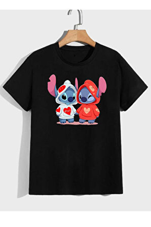 Baskılı Lilo Kadın Unisex Bisiklet Yaka Baskılı T-shirt Siyah tshirt tişört